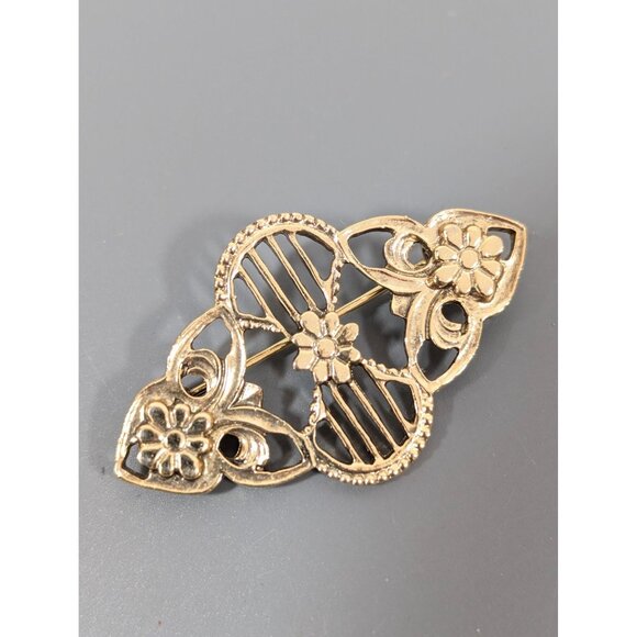 Vintage Gold-Tone Floral Brooch Pin With Filigree Detailing & Flower Accents - Picture 3 of 6